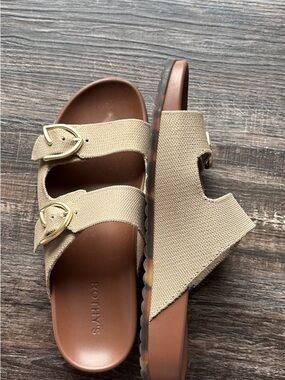 Rothy's Beige Canvas Double-Strap Slide Sandals with Gold Buckles